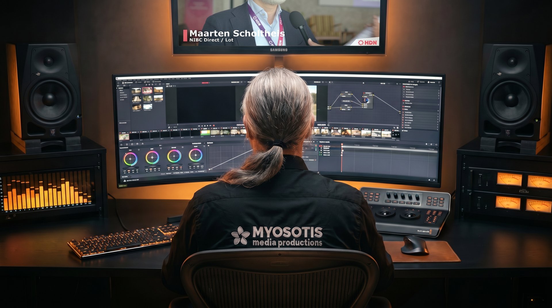 Sven in zijn edit-suite: DaVinci Resolve op een 57-inch ultrawide, met kleurenpanel, studiomonitors en meters